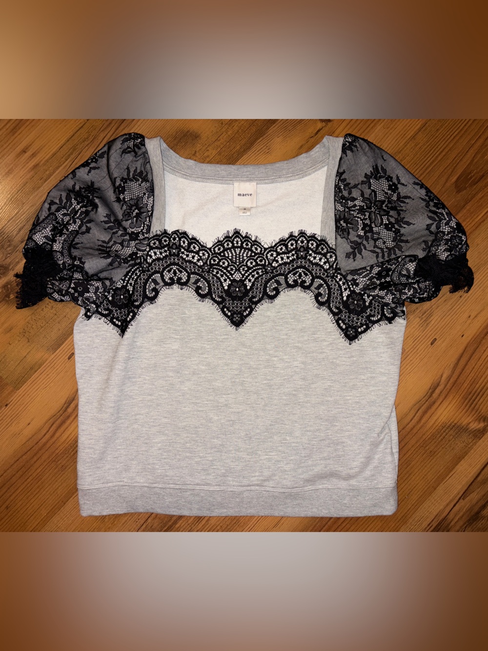 Anthropologie Maeve Puff Sleeve Lace Trim Sweatshirt Top M - Picture 3 of 8